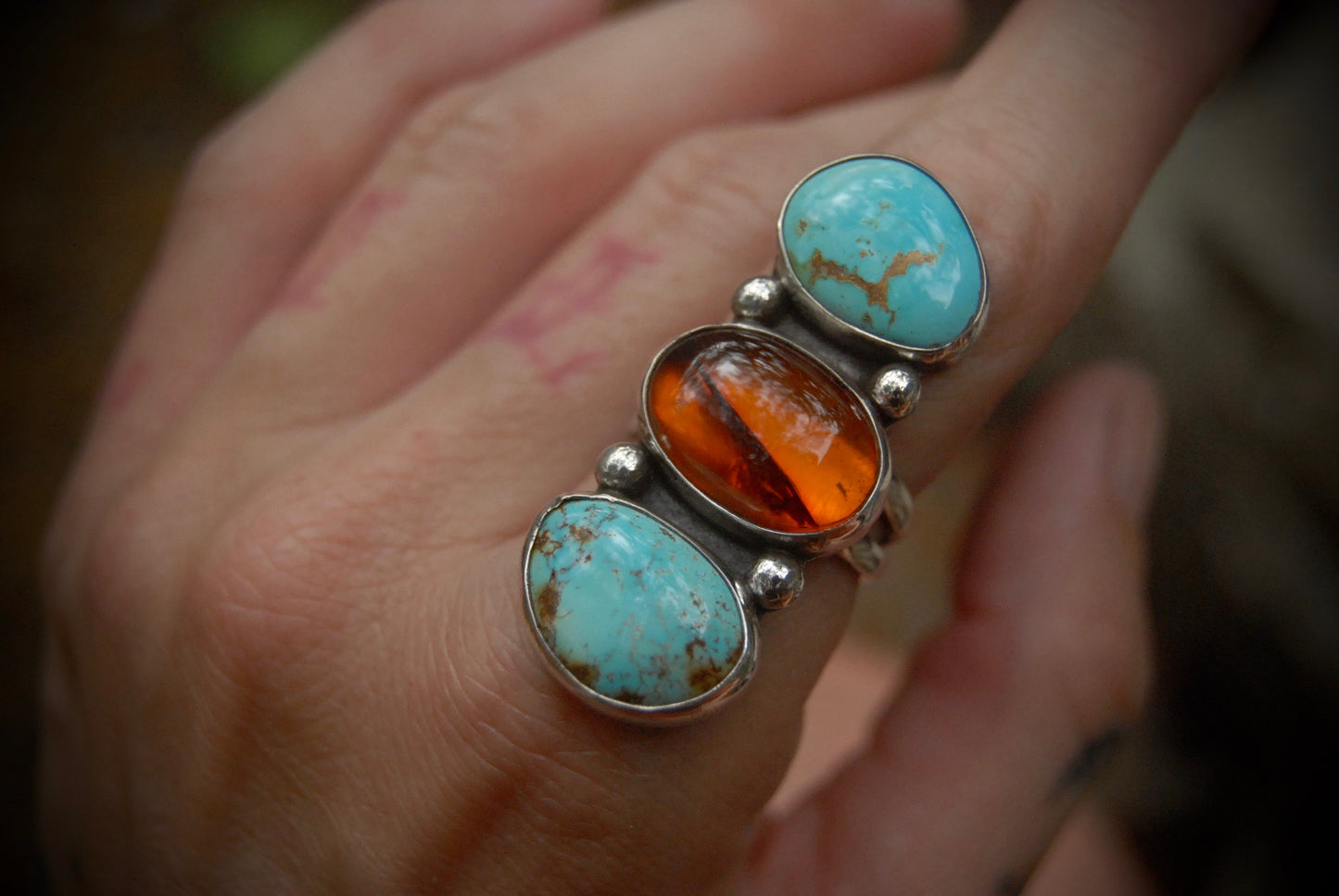 Turquoise and Amber Ring SZ- 7
