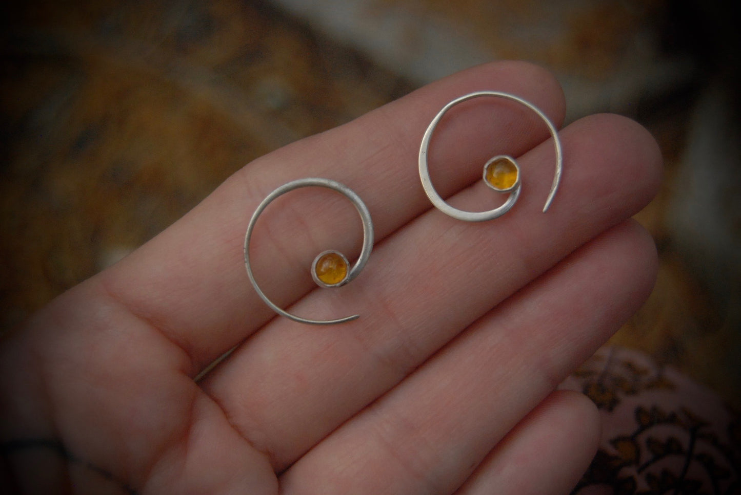 tiny spiral amber earrings