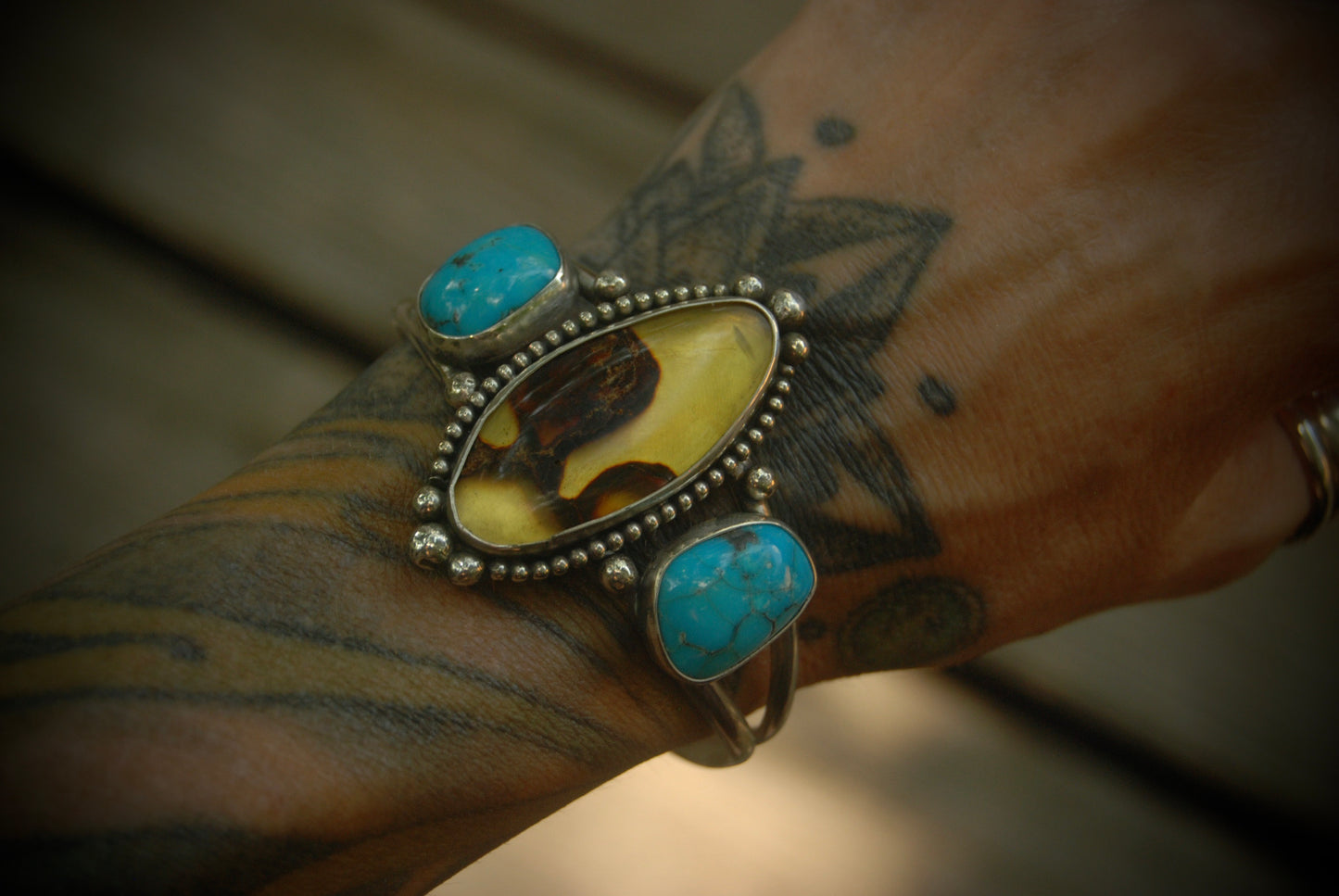 Amber and turquoise cuff