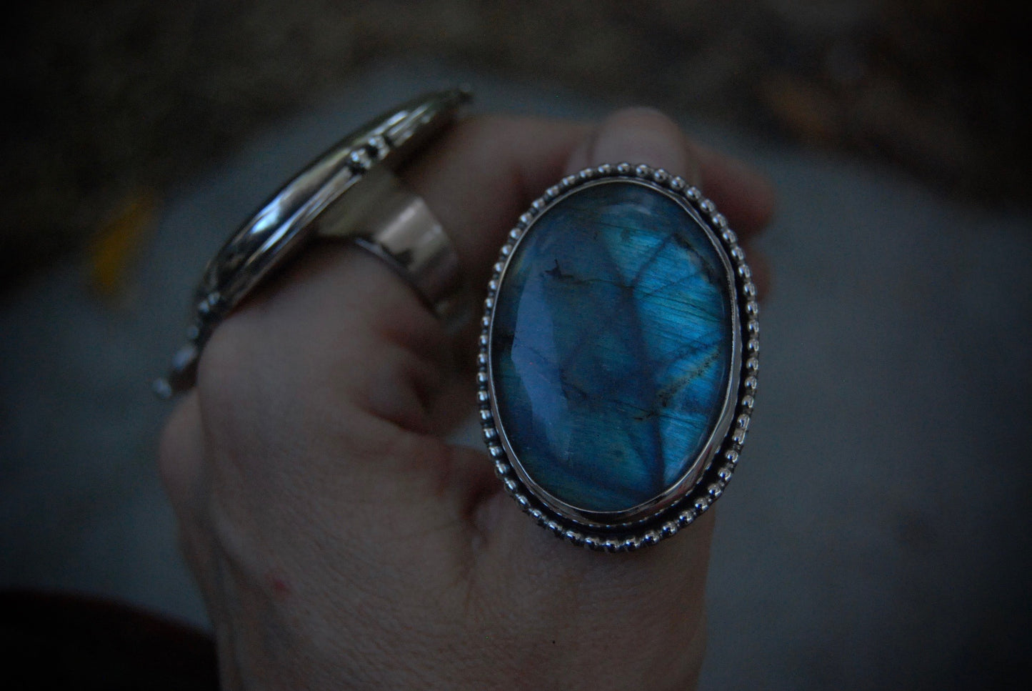 Large Teal Labradorite Ring SZ- 7