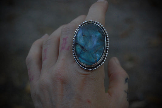 Large Teal Labradorite Ring SZ- 7
