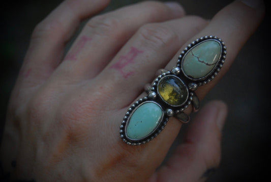 Turquoise Amber Ring sz-7.5