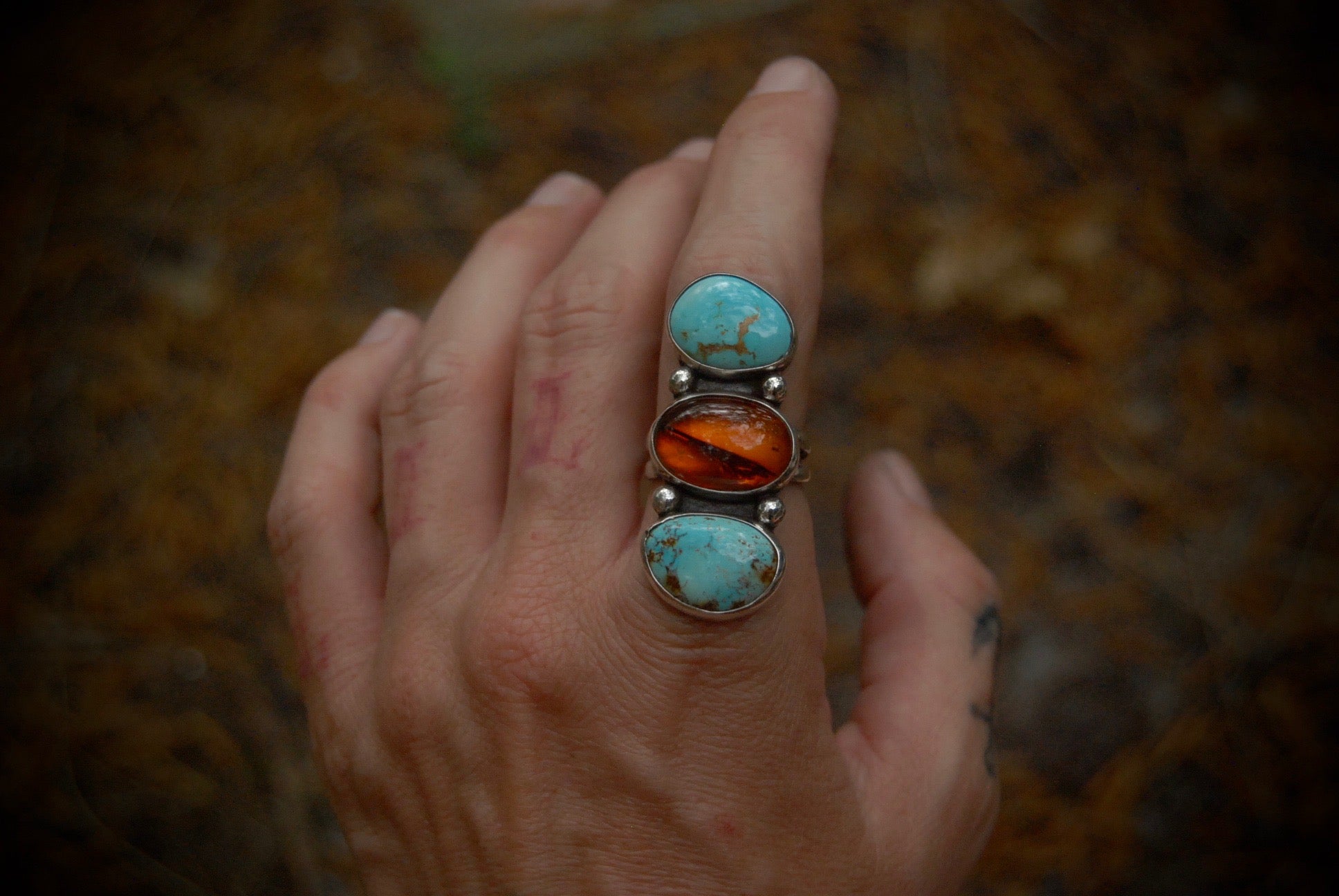 Turquoise and Amber Ring SZ- 7
