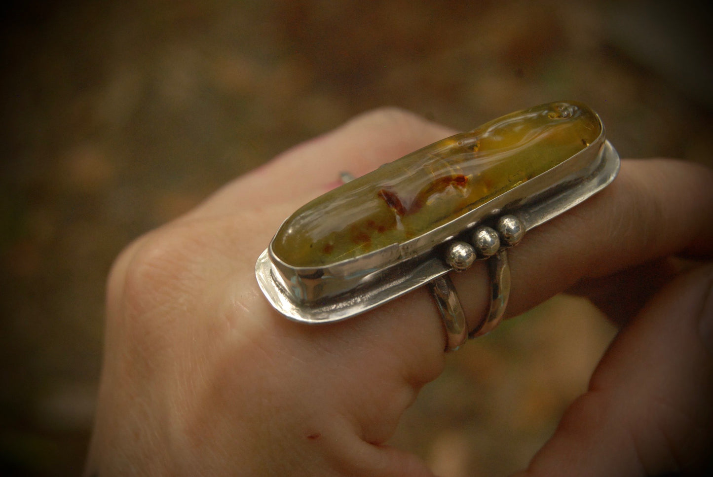 Long Amber Nugget Ring sz-6.75
