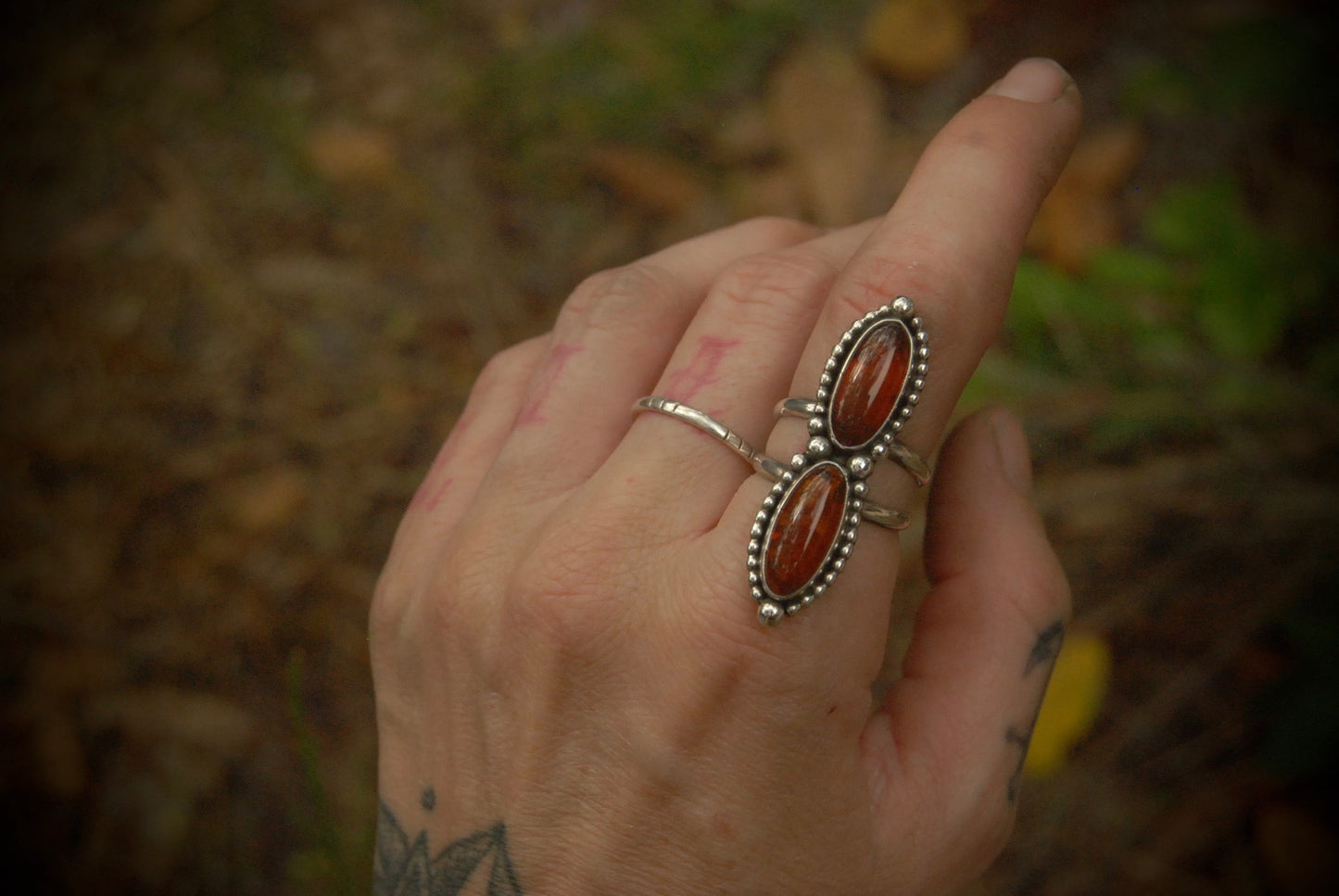 Double Red Amber Ring sz-6.5