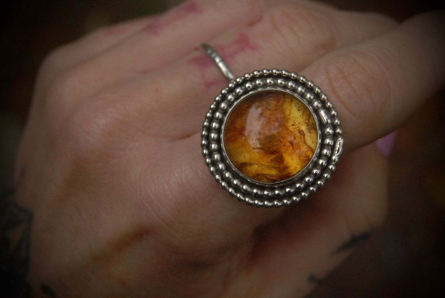 Beaded Amber Ring sz- 6.75