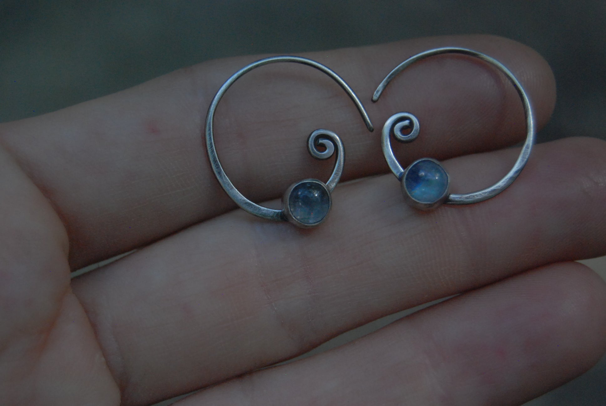 Tiny spiral moonstone earrings