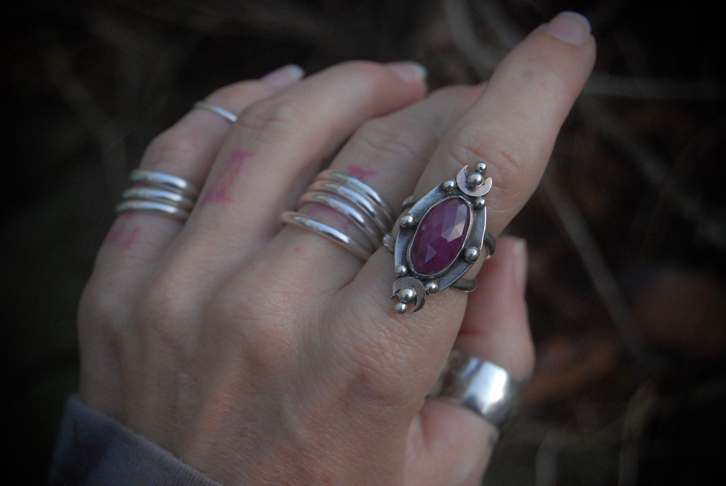 Pink Sapphire Moon Ring sz-5.75